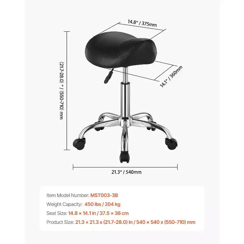 Sgabello a sella ergonomico con ruote, sedia girevole regolabile in altezza, capacità di 204 kg
