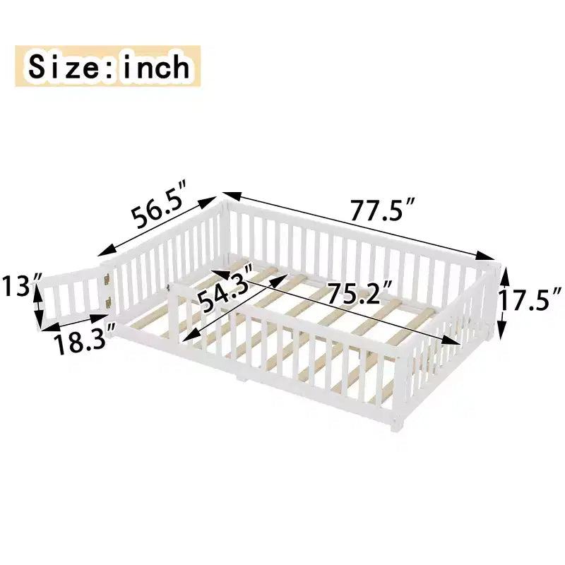 Struttura letto a terra in legno massello per bambini con sponde di sicurezza e porta rimovibile, letto a terra Montessori per bambini