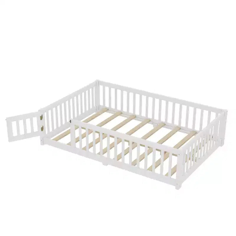 Struttura letto a terra in legno massello per bambini con sponde di sicurezza e porta rimovibile, letto a terra Montessori per bambini