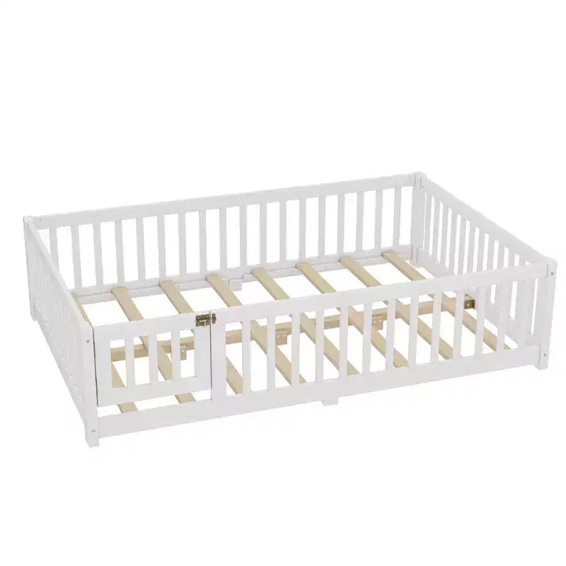 Struttura letto a terra in legno massello per bambini con sponde di sicurezza e porta rimovibile, letto a terra Montessori per bambini