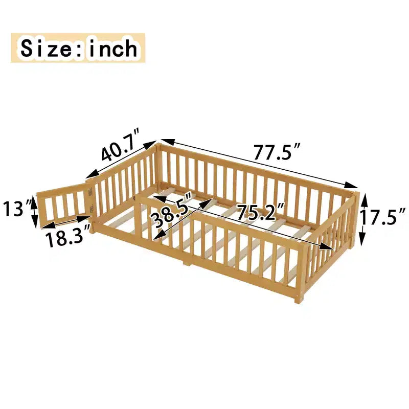 Struttura letto a terra in legno massello per bambini con sponde di sicurezza e porta rimovibile, letto a terra Montessori per bambini