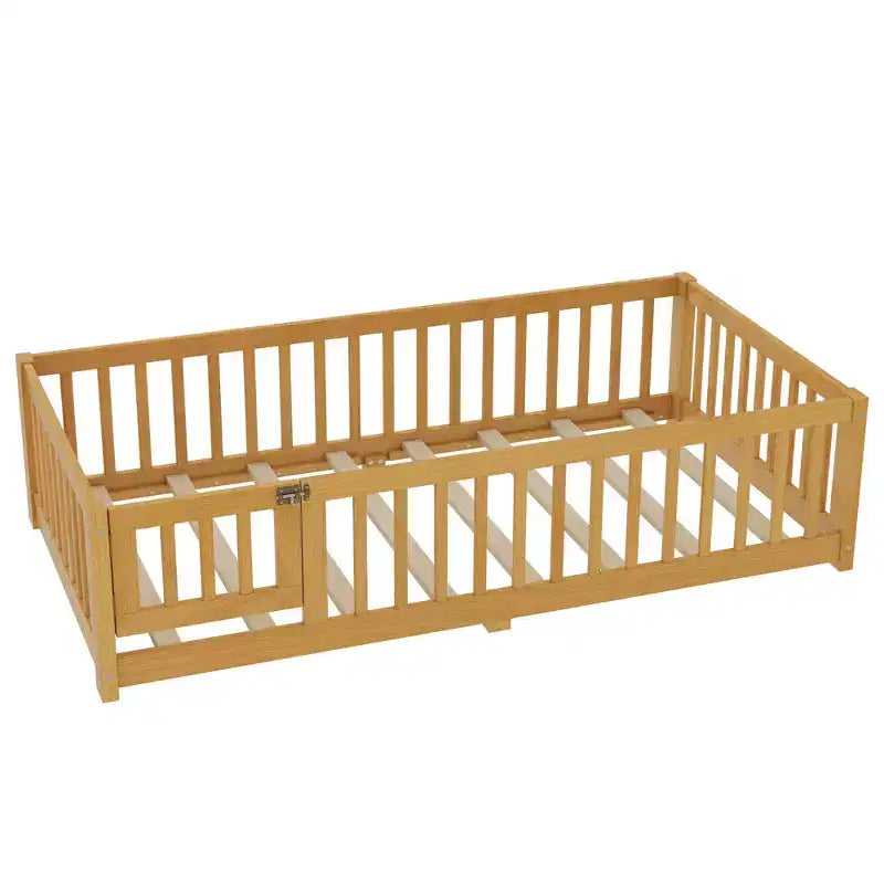 Struttura letto a terra in legno massello per bambini con sponde di sicurezza e porta rimovibile, letto a terra Montessori per bambini