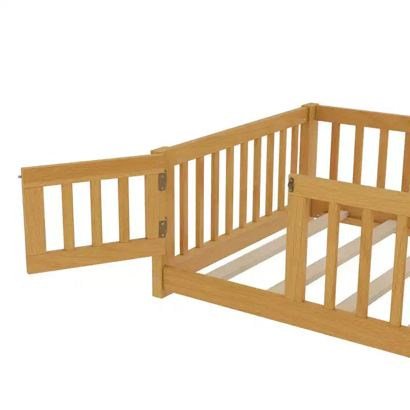 Struttura letto a terra in legno massello per bambini con sponde di sicurezza e porta rimovibile, letto a terra Montessori per bambini