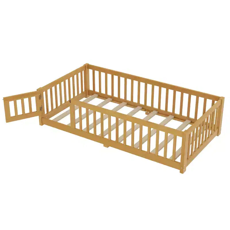 Struttura letto a terra in legno massello per bambini con sponde di sicurezza e porta rimovibile, letto a terra Montessori per bambini