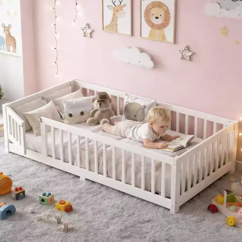 Struttura letto a terra in legno massello per bambini con sponde di sicurezza e porta rimovibile, letto a terra Montessori per bambini