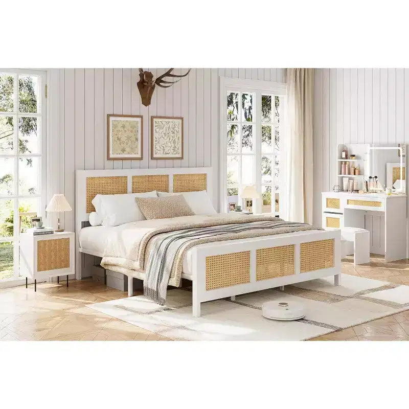 Struttura letto in rattan con testiera, Letto a piattaforma Boho, Robuste doghe in metallo, Supporto senza rumore, Nessuna molla
