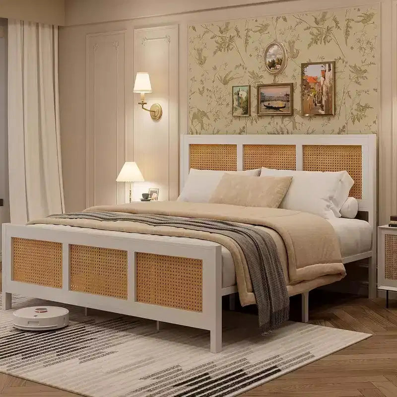 Struttura letto in rattan con testiera, Letto a piattaforma Boho, Robuste doghe in metallo, Supporto senza rumore, Nessuna molla