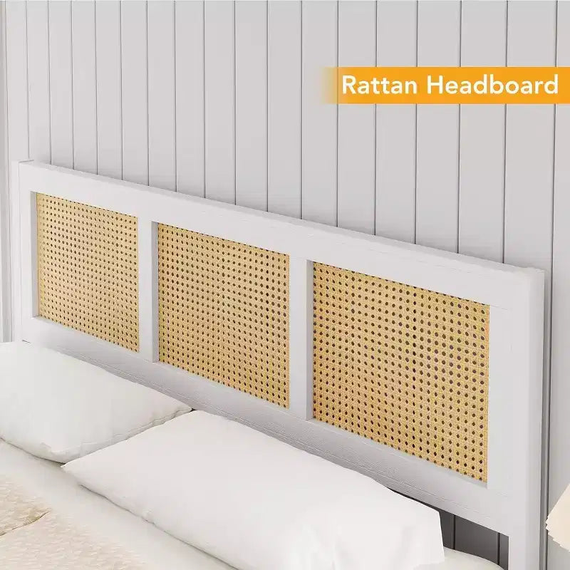 Struttura letto in rattan con testiera, Letto a piattaforma Boho, Robuste doghe in metallo, Supporto senza rumore, Nessuna molla