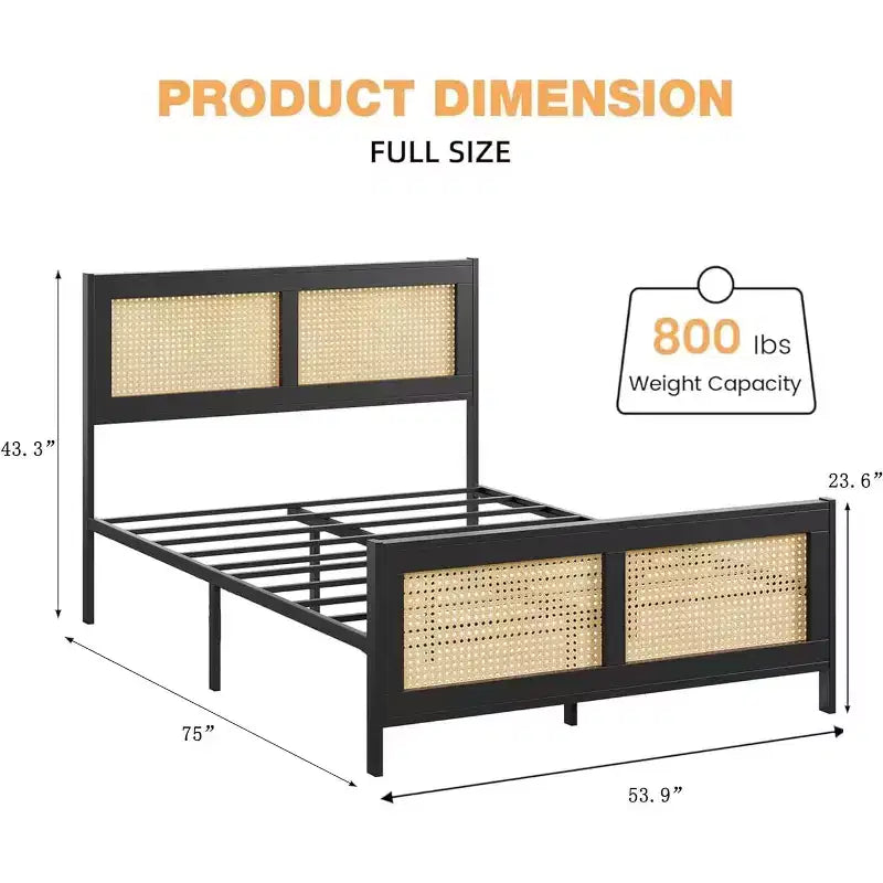 Struttura letto in rattan con testiera, Letto a piattaforma Boho, Robuste doghe in metallo, Supporto senza rumore, Nessuna molla