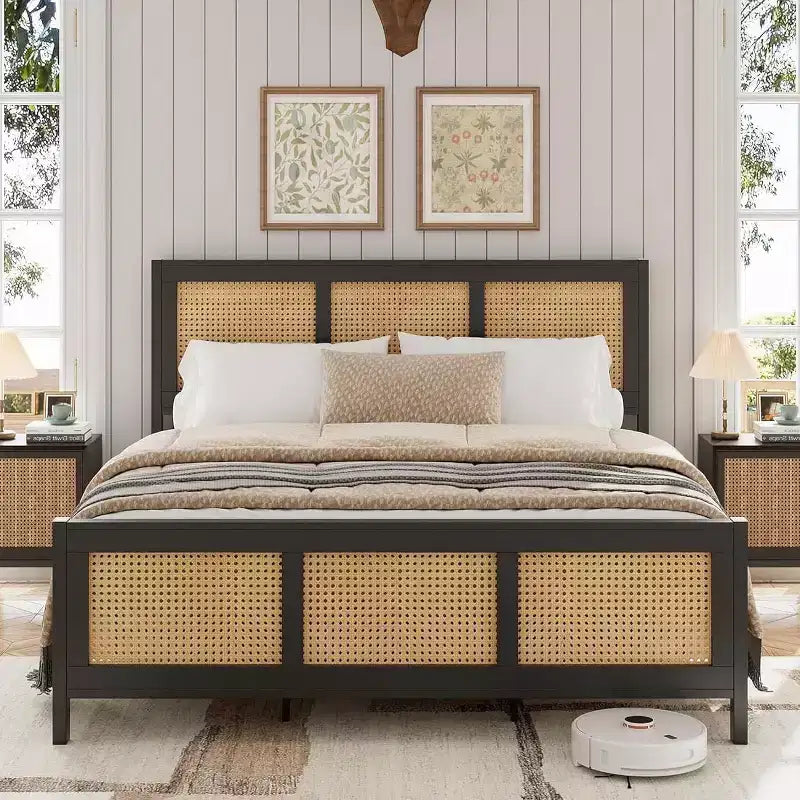 Struttura letto in rattan con testiera, Letto a piattaforma Boho, Robuste doghe in metallo, Supporto senza rumore, Nessuna molla