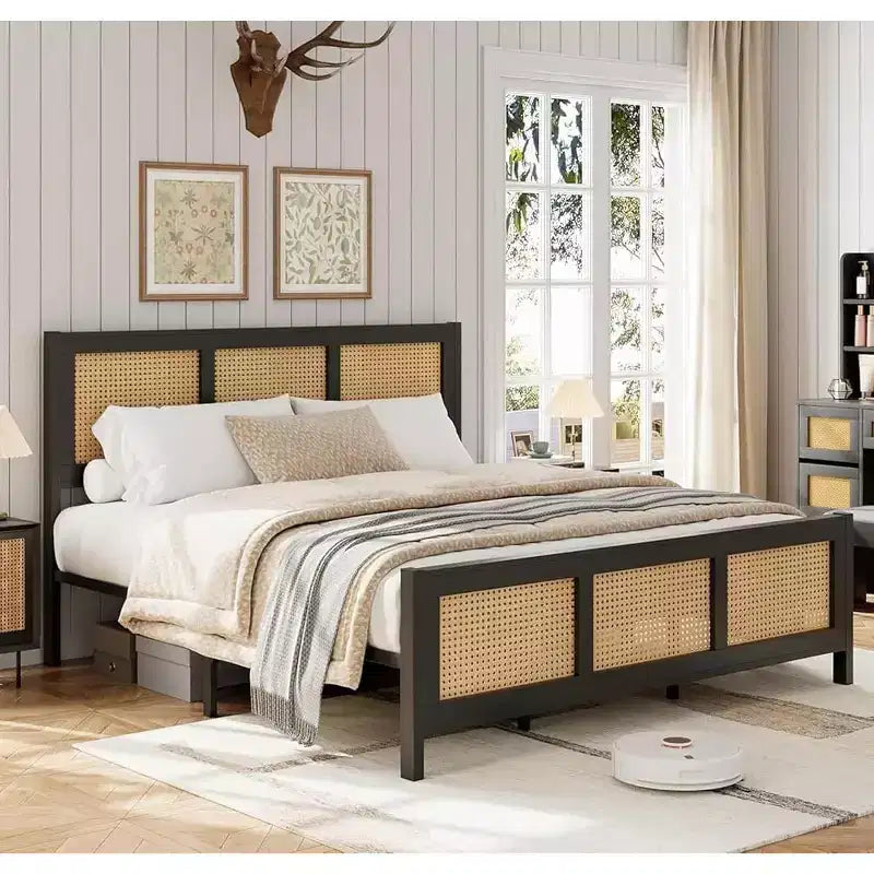 Struttura letto in rattan con testiera, Letto a piattaforma Boho, Robuste doghe in metallo, Supporto senza rumore, Nessuna molla
