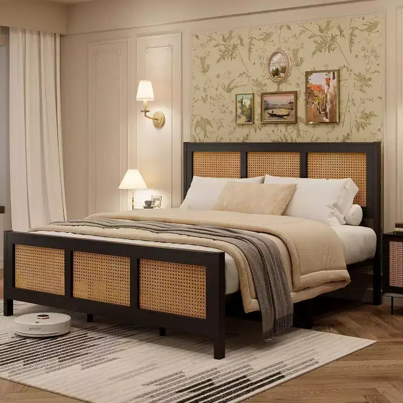 Struttura letto in rattan con testiera, Letto a piattaforma Boho, Robuste doghe in metallo, Supporto senza rumore, Nessuna molla