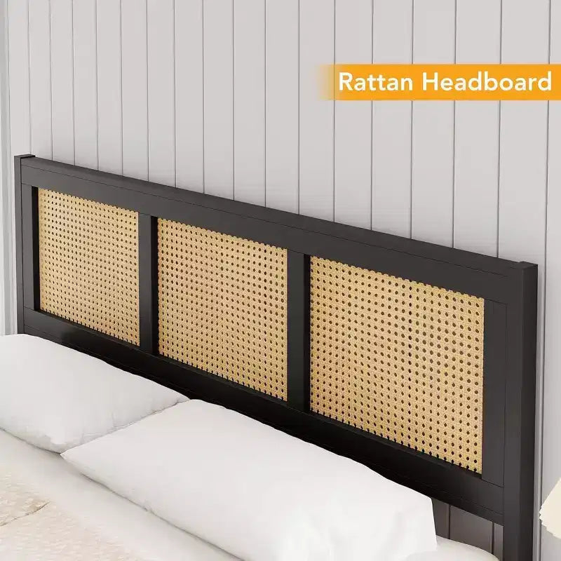 Struttura letto in rattan con testiera, Letto a piattaforma Boho, Robuste doghe in metallo, Supporto senza rumore, Nessuna molla