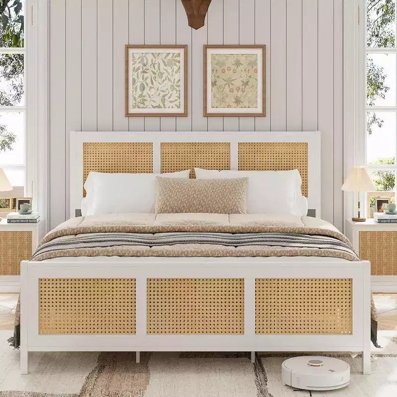 Struttura letto in rattan con testiera, Letto a piattaforma Boho, Robuste doghe in metallo, Supporto senza rumore, Nessuna molla