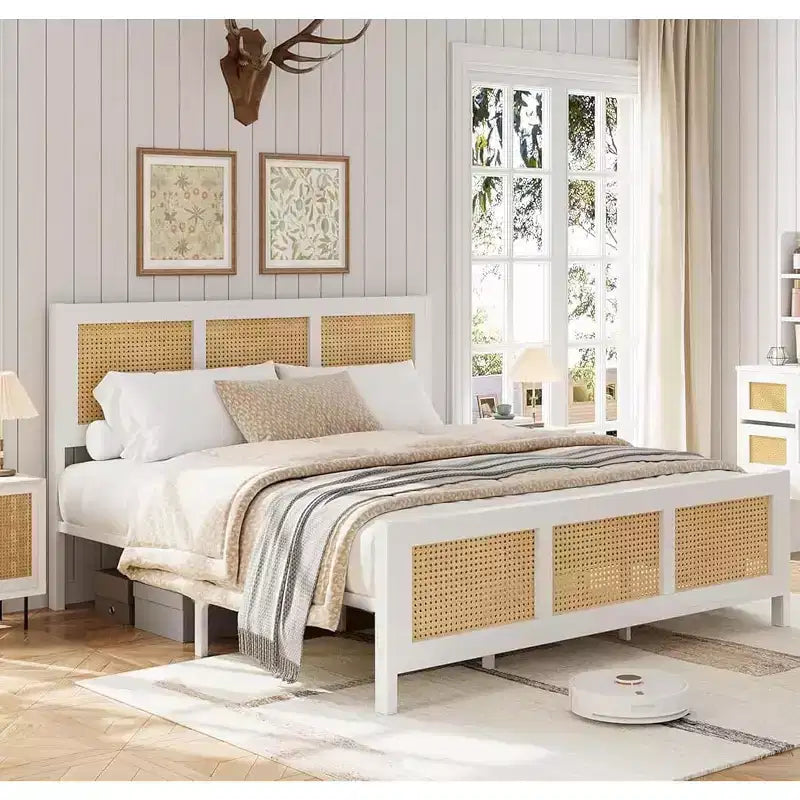 Struttura letto in rattan con testiera, Letto a piattaforma Boho, Robuste doghe in metallo, Supporto senza rumore, Nessuna molla