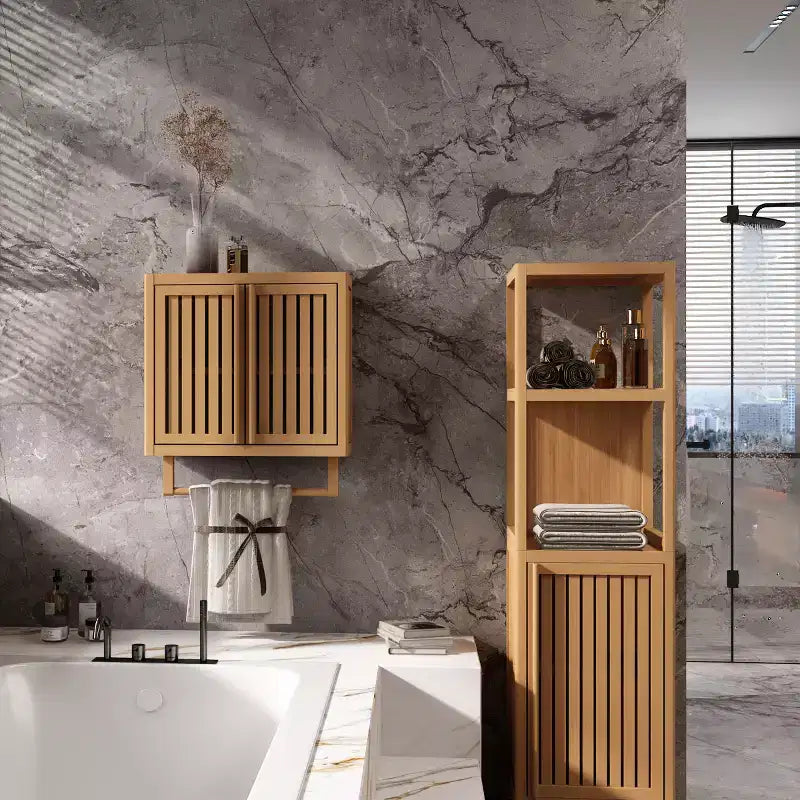Mobile bagno a parete in bambù con ripiano e vano contenitore