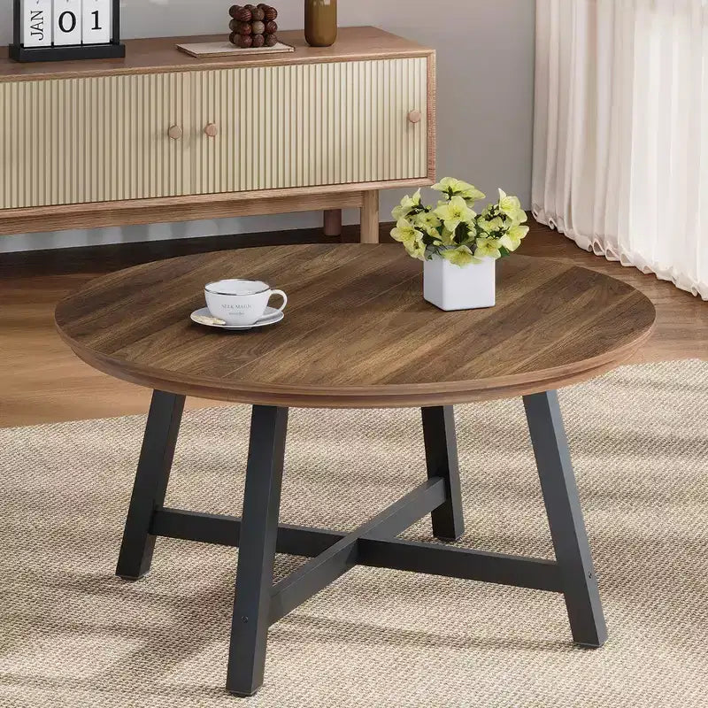36'' Modern Round Coffee Table, Wooden Center Table with Metal Legs & Adjustable Feet, Accent Sofa Side Table for Living Room Bedroom Office
