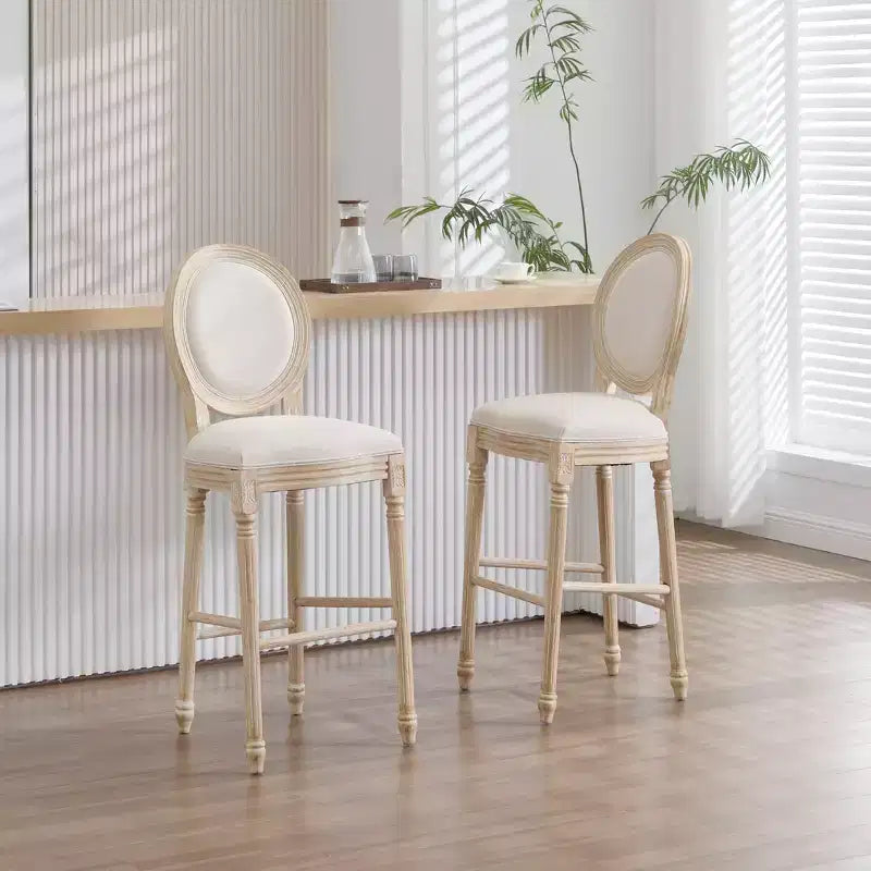French Country 30 Bar Chairs Set of 2, Upholstered Round Back, Wire Drawing Carving, Disassemblable, Beige