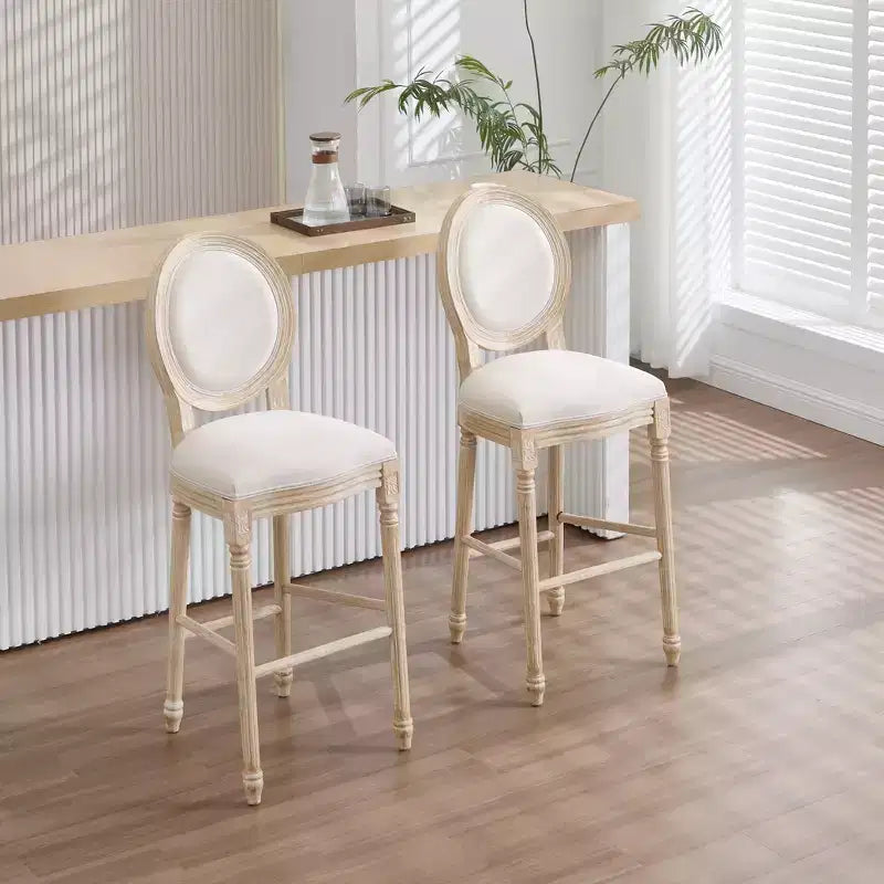 Sedie da bar French Country set da 2, schienale rotondo imbottito, intaglio a traforo, smontabili, beige