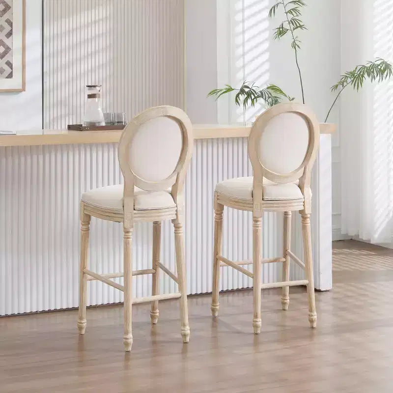Sedie da bar French Country set da 2, schienale rotondo imbottito, intaglio a traforo, smontabili, beige
