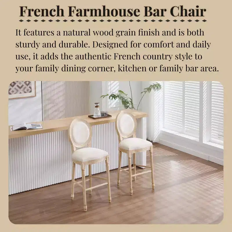 Sedie da bar French Country set da 2, schienale rotondo imbottito, intaglio a traforo, smontabili, beige