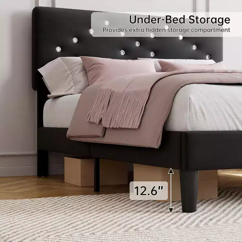 Struttura letto matrimoniale/queen size, struttura letto imbottita in velluto con canali verticali trapuntati e robuste doghe in legno, struttura letto a piattaforma di facile montaggio, senza rumore