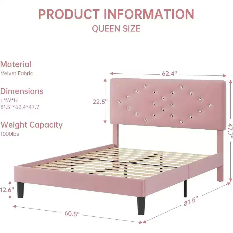 Struttura letto matrimoniale/queen size, struttura letto imbottita in velluto con canali verticali trapuntati e robuste doghe in legno, struttura letto a piattaforma di facile montaggio, senza rumore