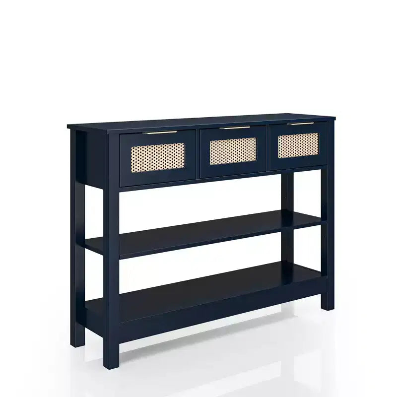 Consolle in rattan con 3 cassetti superiori e 2 ripiani aperti, tavolo da divano in stile rustico con ripiano regolabile per ingresso, corridoio, soggiorno