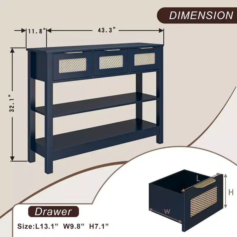 Consolle in rattan con 3 cassetti superiori e 2 ripiani aperti, tavolo da divano in stile rustico con ripiano regolabile per ingresso, corridoio, soggiorno