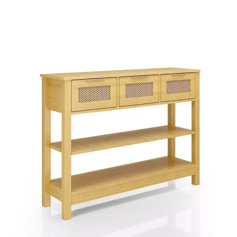 Consolle in rattan con 3 cassetti superiori e 2 ripiani aperti, tavolo da divano in stile rustico con ripiano regolabile per ingresso, corridoio, soggiorno