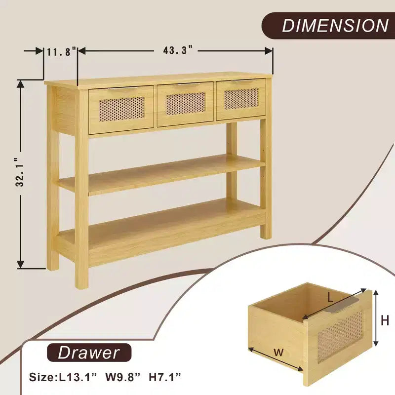 Consolle in rattan con 3 cassetti superiori e 2 ripiani aperti, tavolo da divano in stile rustico con ripiano regolabile per ingresso, corridoio, soggiorno