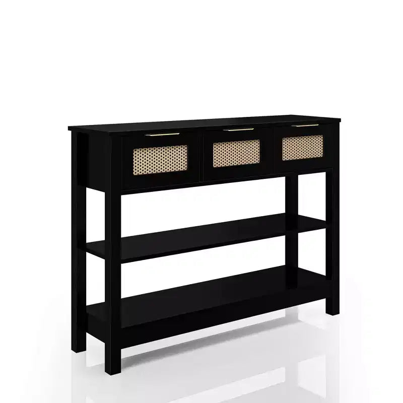 Consolle in rattan con 3 cassetti superiori e 2 ripiani aperti, tavolo da divano in stile rustico con ripiano regolabile per ingresso, corridoio, soggiorno