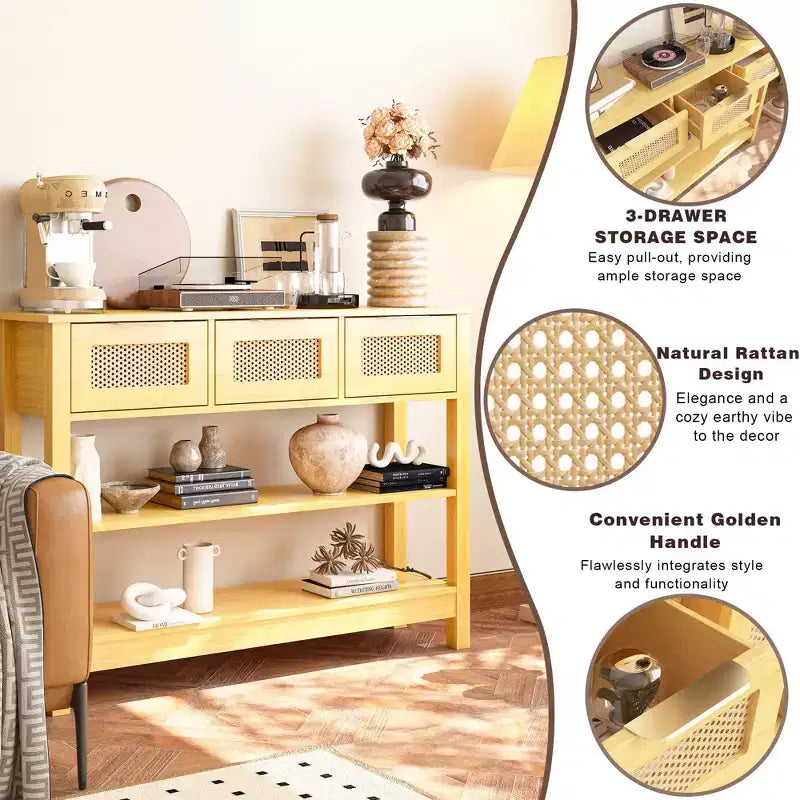 Consolle in rattan con 3 cassetti superiori e 2 ripiani aperti, tavolo da divano in stile rustico con ripiano regolabile per ingresso, corridoio, soggiorno