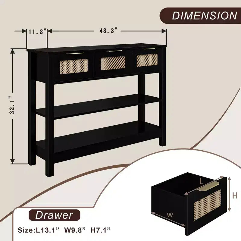 Consolle in rattan con 3 cassetti superiori e 2 ripiani aperti, tavolo da divano in stile rustico con ripiano regolabile per ingresso, corridoio, soggiorno