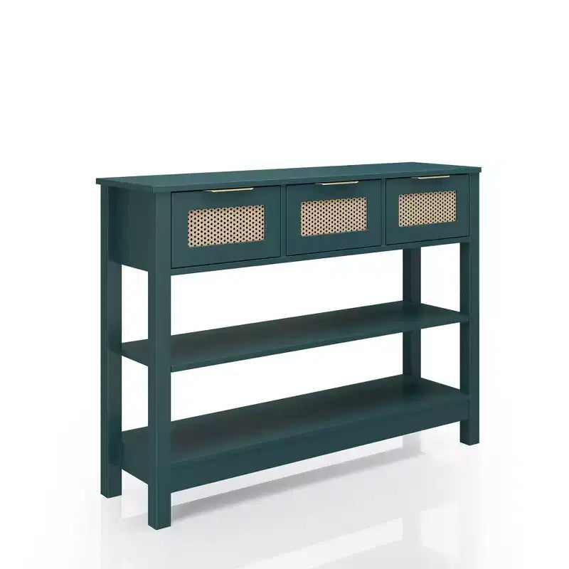 Consolle in rattan con 3 cassetti superiori e 2 ripiani aperti, tavolo da divano in stile rustico con ripiano regolabile per ingresso, corridoio, soggiorno