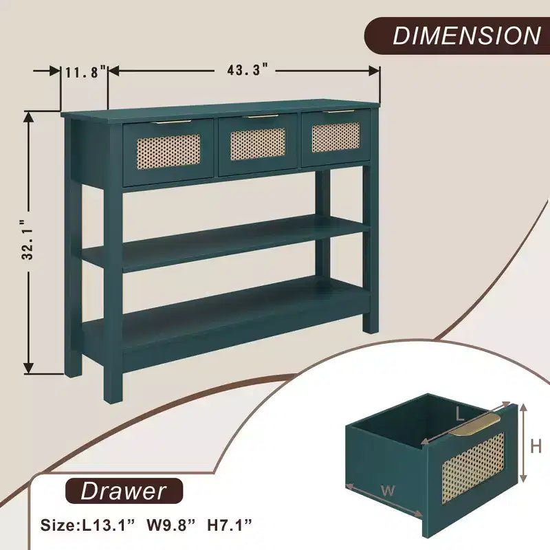 Consolle in rattan con 3 cassetti superiori e 2 ripiani aperti, tavolo da divano in stile rustico con ripiano regolabile per ingresso, corridoio, soggiorno