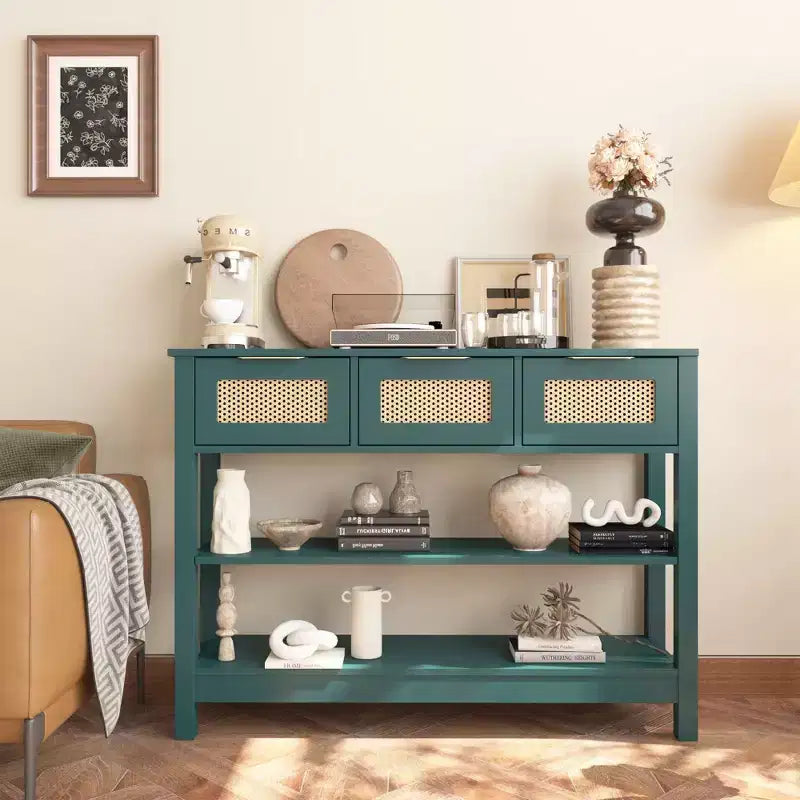 Consolle in rattan con 3 cassetti superiori e 2 ripiani aperti, tavolo da divano in stile rustico con ripiano regolabile per ingresso, corridoio, soggiorno