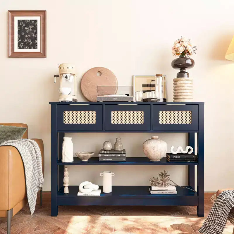 Consolle in rattan con 3 cassetti superiori e 2 ripiani aperti, tavolo da divano in stile rustico con ripiano regolabile per ingresso, corridoio, soggiorno