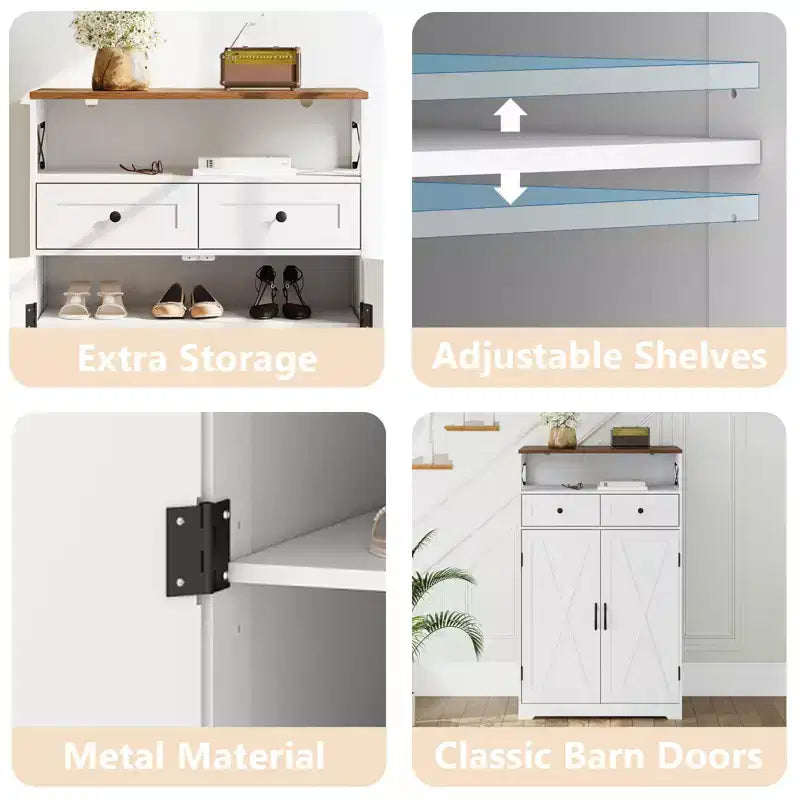 Mobile scarpiera moderno stile farmhouse per ingresso, scarpiera organizer stretta autoportante con cassetti, ante e ripiani regolabili, per soggiorno