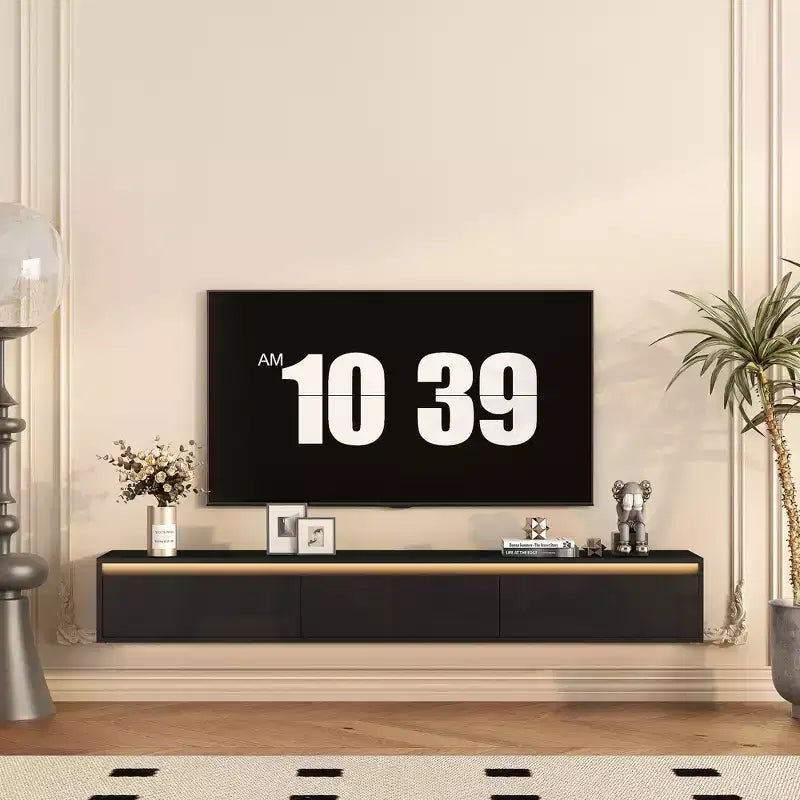 JVNOXK 65-inch Floating TV Stand, Wall-Mounted TV Shelf with LED Lights & Power Outlet, High-Gloss TV Cabinet for BlackTV Stands for Living Room