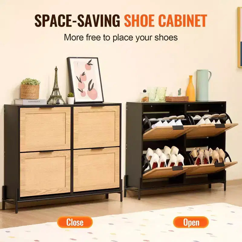 Mobile scarpiera in rattan con 4 cassetti a ribalta da 44"H, organizer sottile e stretto per ingresso con gambe in metallo per corridoio/ripostiglio (colore legno chiaro)
