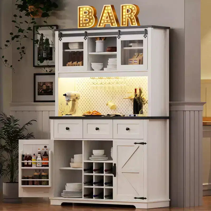 Mobile Alto da Cucina 71" in Rovere Bianco - Porta Microonde, Anta Scorrevole, Presa Elettrica e Pegboard Fai-da-te, 3 Cassetti, Ripiani RegolabiliRovere Bianco