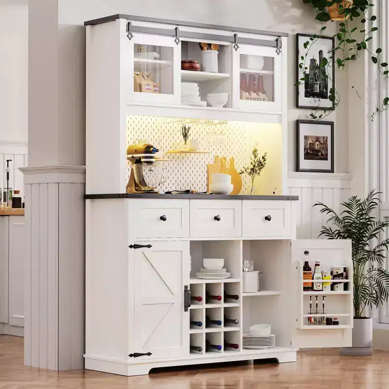 Mobile Alto da Cucina 71" in Rovere Bianco - Porta Microonde, Anta Scorrevole, Presa Elettrica e Pegboard Fai-da-te, 3 Cassetti, Ripiani RegolabiliRovere Bianco