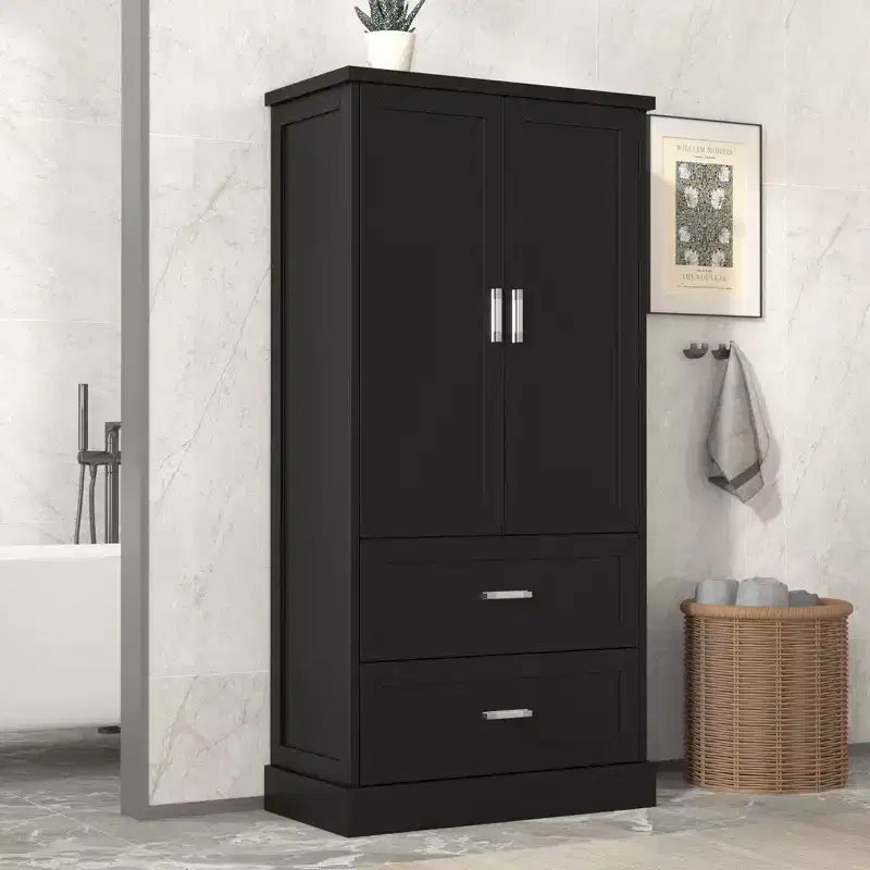 Mobile alto da bagno Amelia in legno moderno con cassetti, vano chiuso a doppia anta e vani integrati sull'anta