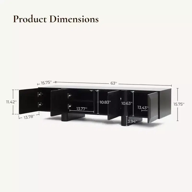 63 Modern Black TV Stand for TVs up to 68, Matte Black Media Console with 4 Push-to-Open Doors, Low Profile Entertainment Center