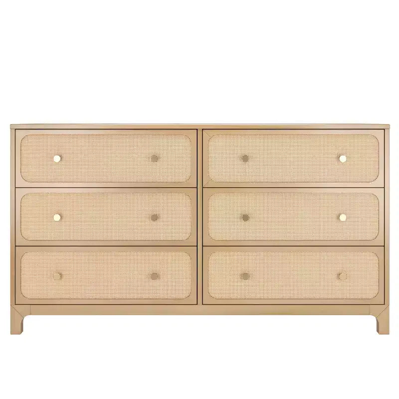 Rattan 6 Drawer Dresser with Brass Knob