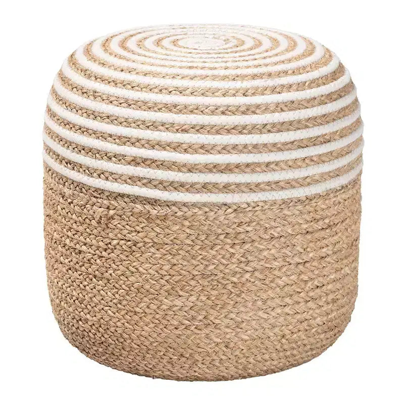Seagrass and Woven Rope Ottoman Footstool White/Natural Brown: Cotton Upholstery, No Assembly Required