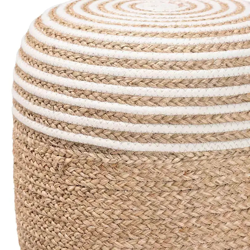 Seagrass and Woven Rope Ottoman Footstool White/Natural Brown: Cotton Upholstery, No Assembly Required