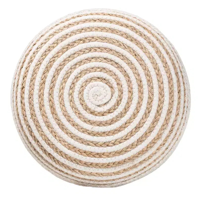 Seagrass and Woven Rope Ottoman Footstool White/Natural Brown: Cotton Upholstery, No Assembly Required