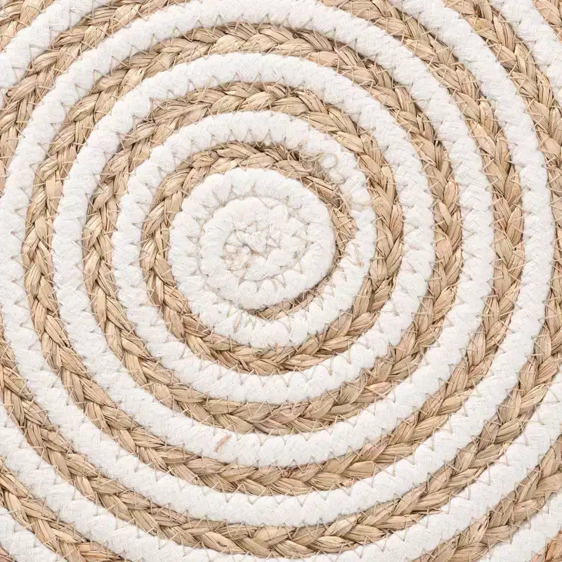 Seagrass and Woven Rope Ottoman Footstool White/Natural Brown: Cotton Upholstery, No Assembly Required